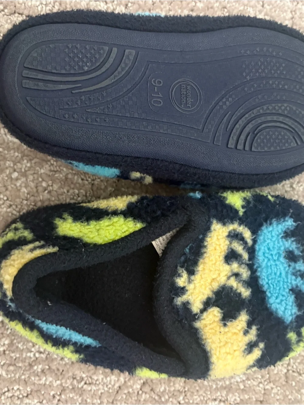 Kids Fleece One-Piece Slipper Booties in Blue, Yellow & Green